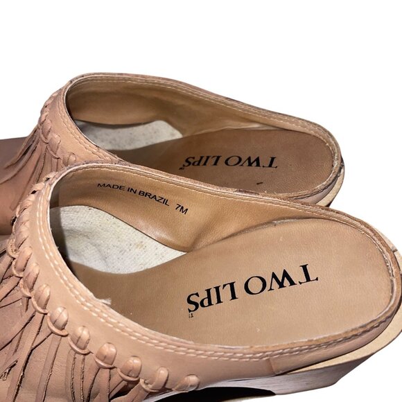 Two Lips Womens Clogs Size 7 Brown Sylvia Leather Fringed Chunky Heel Casual - Picture 7 of 12